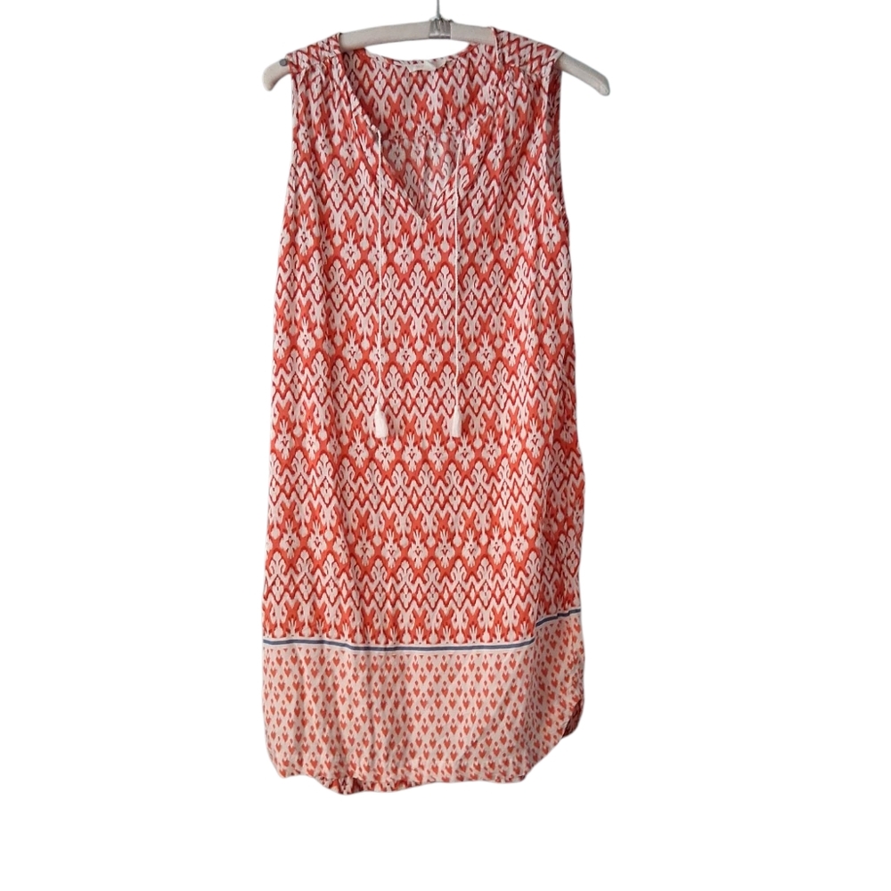 BLL Coral and White Sleeveless Patterned Curved Hem Sleeveless Dress Size M